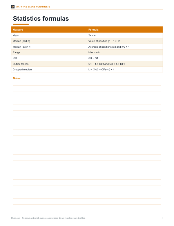 Preview of Printable Statistics Formula Card