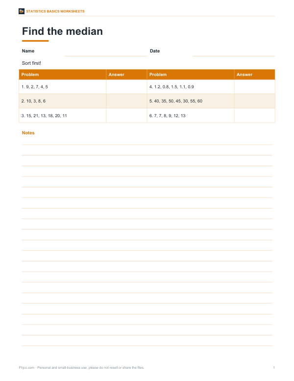 Preview of Printable Median Practice Worksheet